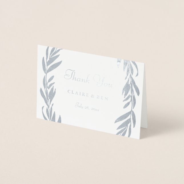 Carte Dorée Merci de Mariage à feuilles grises argentées (Devant)