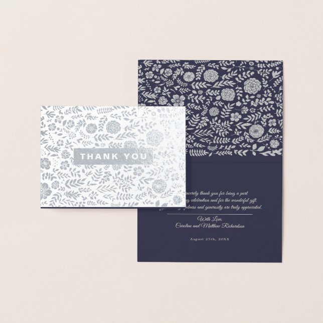 Carte Dorée Merci floral bleu marine en argent Mariage (Affichage)