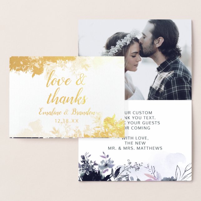 Carte Dorée Merci floral noir Mariage photo or (Affichage)