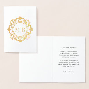Carte Dorée Merci Mariage de monogramme floral orné