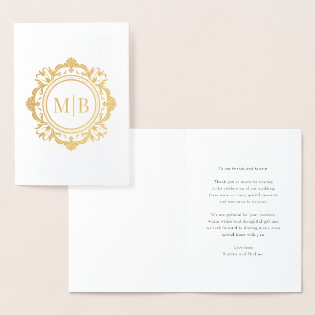 Carte Dorée Merci Mariage de monogramme floral orné (Affichage)