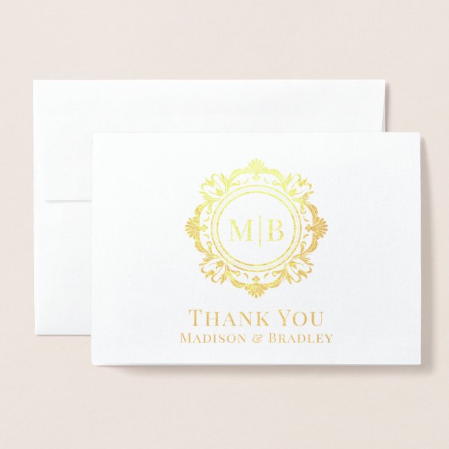 Carte Dorée Merci Mariage de monogramme floral orné (Devant avec enveloppe)