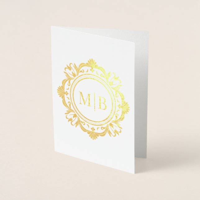 Carte Dorée Merci Mariage de monogramme floral orné (Devant)