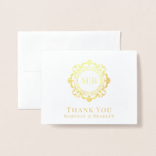 Carte Dorée Merci Mariage de monogramme floral orné