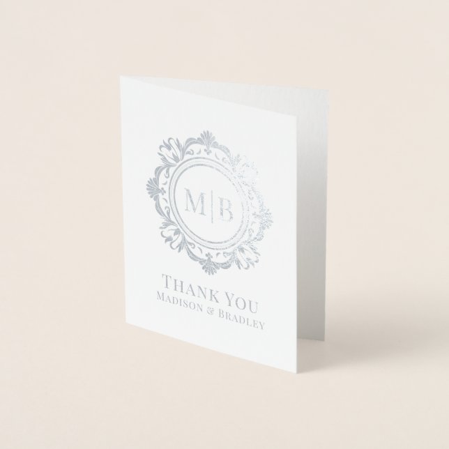 Carte Dorée Merci Mariage de monogramme floral orné (Devant)