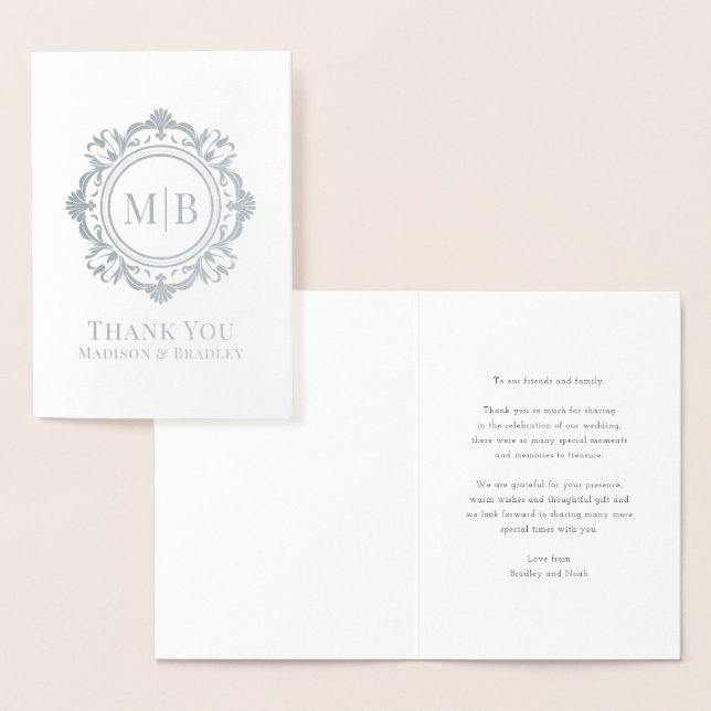 Carte Dorée Merci Mariage de monogramme floral orné (Affichage)