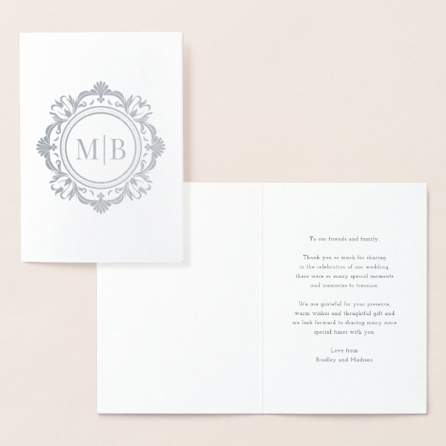 Carte Dorée Merci Mariage de monogramme floral orné (Affichage)