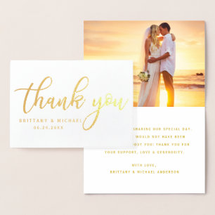 Carte Dorée Merci moderne Mariage Couple Photo Or