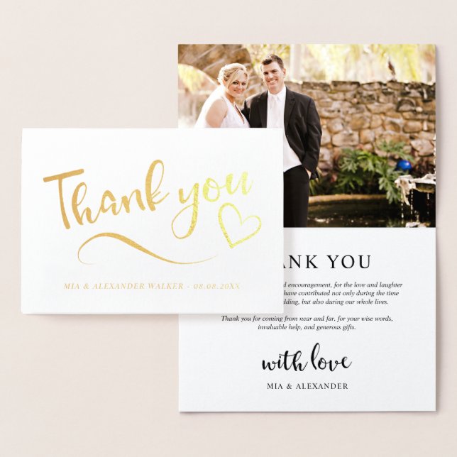Carte Dorée Merci photo Mariage Gold Heart (Affichage)
