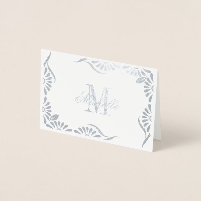 Carte Dorée Monogramme et nom avec bordure florale (Devant)