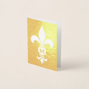 Carte Dorée Monogramme Fleur De Lis Élégante Note Pliée