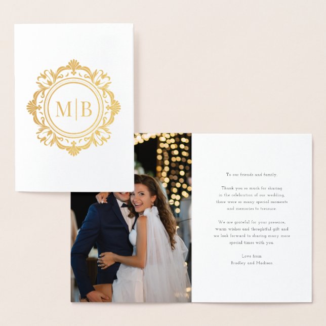 Carte Dorée Monogramme floral orné Merci Mariage photo (Affichage)