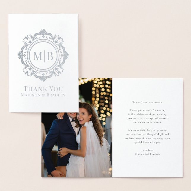 Carte Dorée Monogramme floral orné Merci Mariage photo (Affichage)