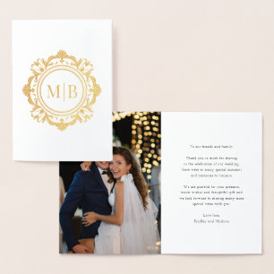 Carte Dorée Monogramme floral orné Merci Mariage photo