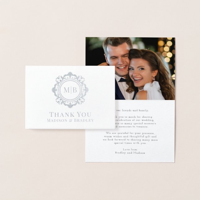Carte Dorée Monogramme floral orné Merci Mariage photo (Affichage)