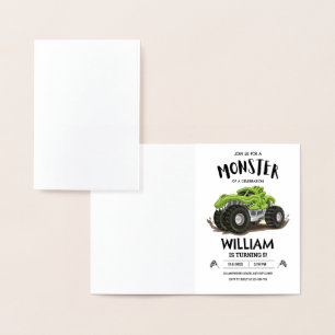 Carte Dorée Monster Truck Anniversaire Invitation, Garçons Ann