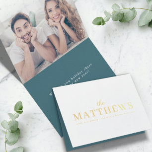 Carte Dorée Noël élégant   Minimale Turquoise photo de couple 