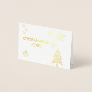 Carte Dorée Noël est ici, pingouin, arbre et étoiles mignonnes