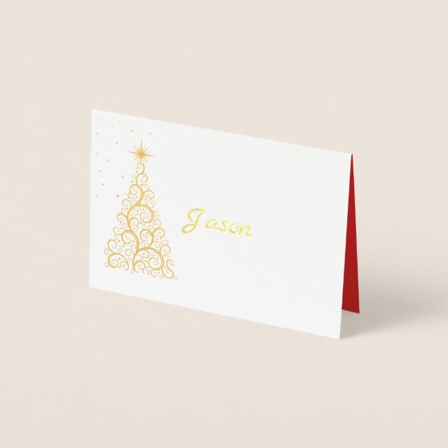 Carte Dorée Nom Place Card Or Foiled ChristmasTree & Stars (Devant)
