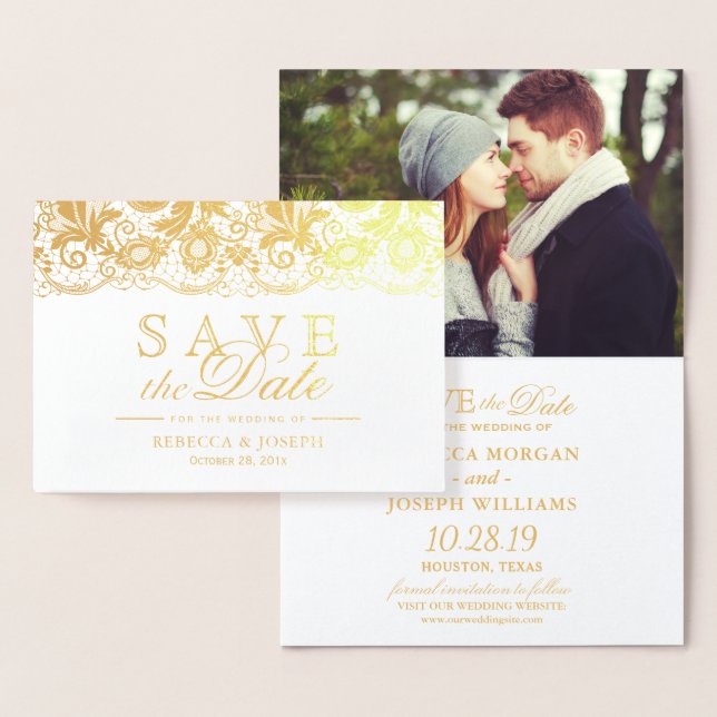 Carte Dorée Or Dentelle florale Mariage Enregistrer la date (Affichage)