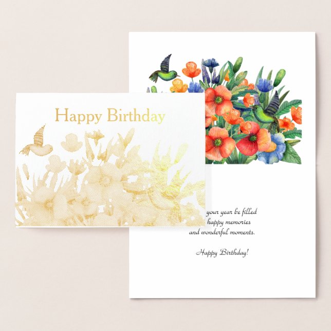 Carte Dorée Orange Fleurs Colibri Anniversaire Or (Affichage)
