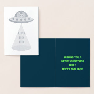 Carte Dorée OVNI de Noël Ho Ho Alien soucoupe volante Personna