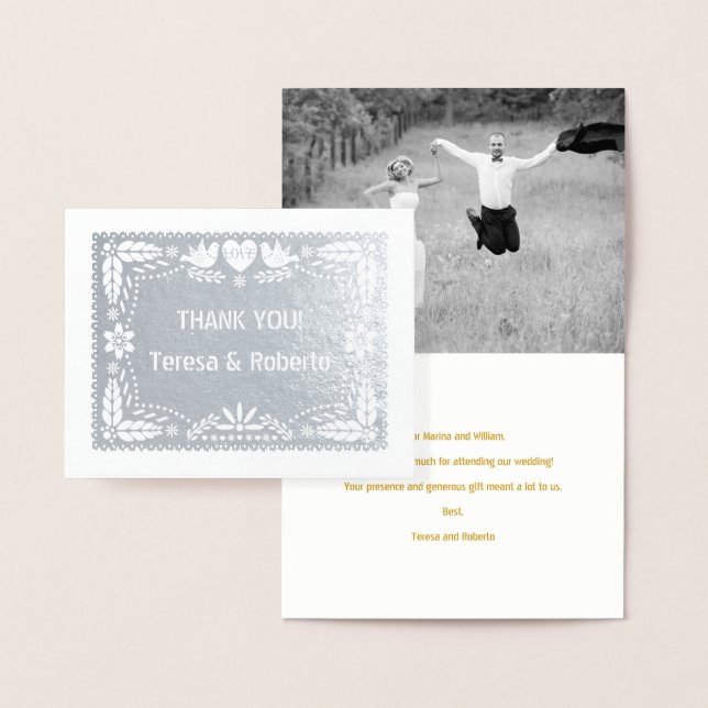 Carte Dorée Papier picado mariage Merci photo argent (Affichage)