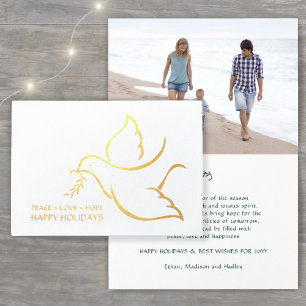 Carte Dorée Peace Love Hope Happy Holidays Dove One Photo