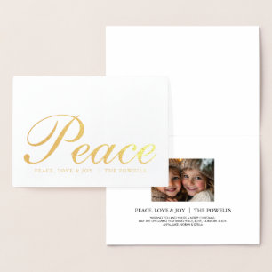 Carte Dorée Peace Love Joy Elegant Typographie Blanc et or