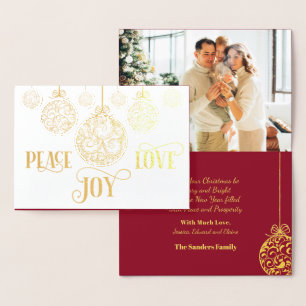 Carte Dorée Peace Love Joy Gold Burgundy Photo de Noël  