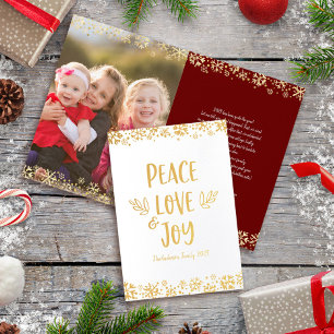 Carte Dorée Peace Love Joy Typographie personnalisée Photo Rea