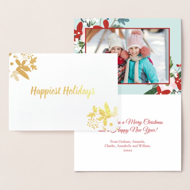 Carte Dorée Photo de Noël Floral Rouge Aqua (Affichage)