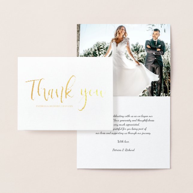 Carte Dorée Photo Elegant Calligraphie Mariage Merci (Affichage)