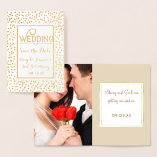 Carte Dorée Photo Enregistrer la date Gold Confetti Typographi
