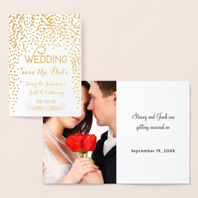 Carte Dorée Photo Enregistrer la date Gold Confetti Typographi (Affichage)
