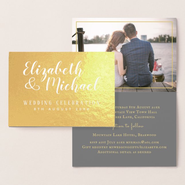 Carte Dorée PHOTO FOIL de luxe plié Élégant MARIAGE moderne (Affichage)