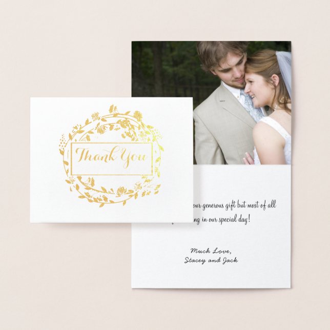 Carte Dorée Photo Gold Foil Floral Wreath Mariage Merci (Affichage)