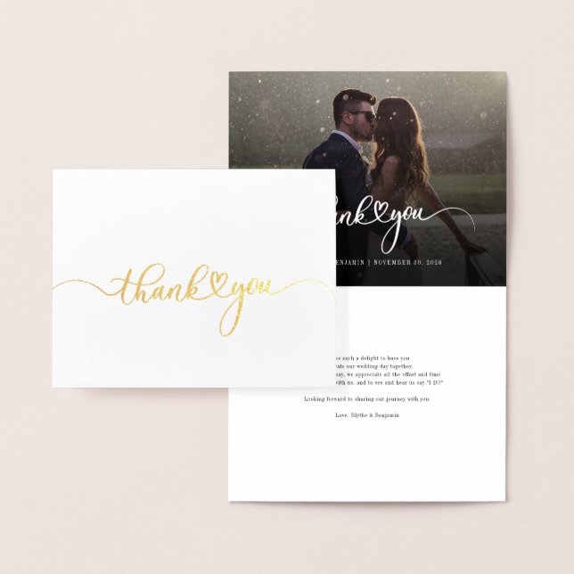 Carte Dorée Photo Lettré à la main Merci Mariage or (Affichage)