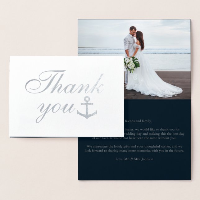Carte Dorée Photo personnalisée Marine Mariage nautique Merci  (Affichage)