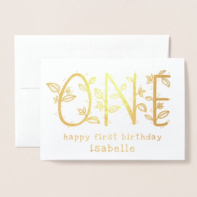 Carte Dorée Premier anniversaire Botanique One Joyeux Annivers (Devant avec enveloppe)