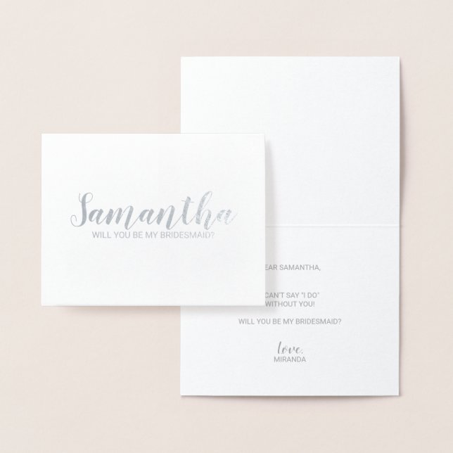 Carte Dorée Proposition Bridesmaid | Argent de script moderne (Affichage)