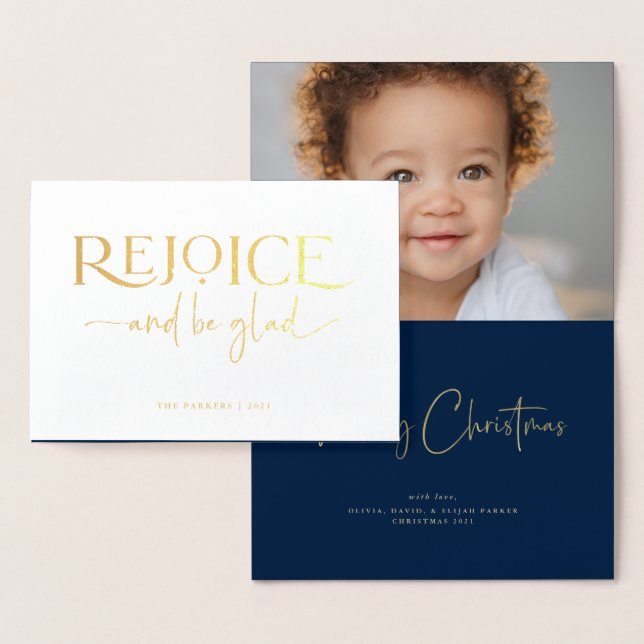 Carte Dorée Réjouissez | Élégant Photo de Noël Religieux À L'I (Affichage)