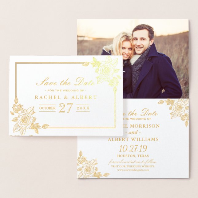 Carte Dorée Rose floral Gold Foil Mariage Enregistrer la date (Affichage)