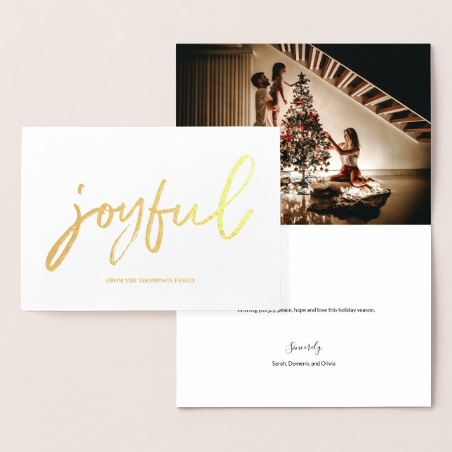 Carte Dorée Script Joyeux Personnalisé Photo de famille Noël (Affichage)