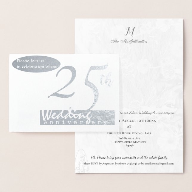 Carte Dorée Simple 25ème anniversaire de Mariage d'argent (Affichage)