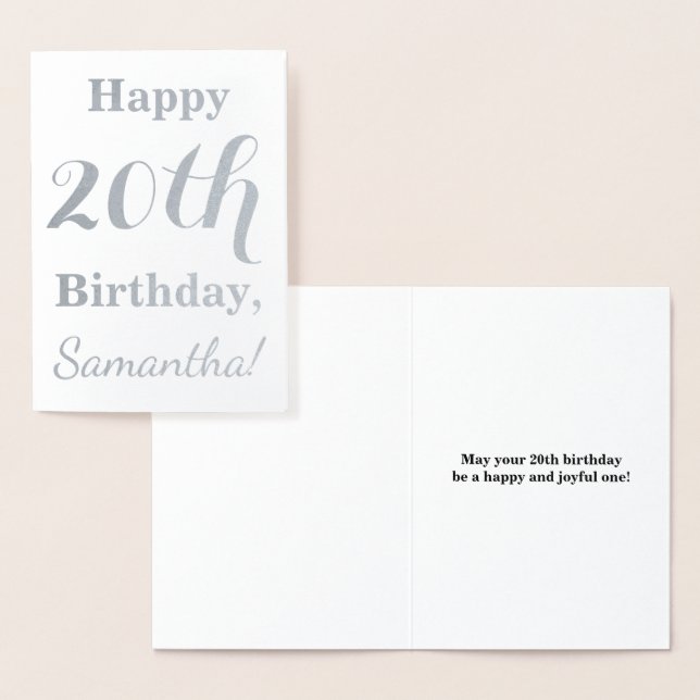 Carte Dorée Simple Argent Foil 20e anniversaire + Nom personna (Affichage)