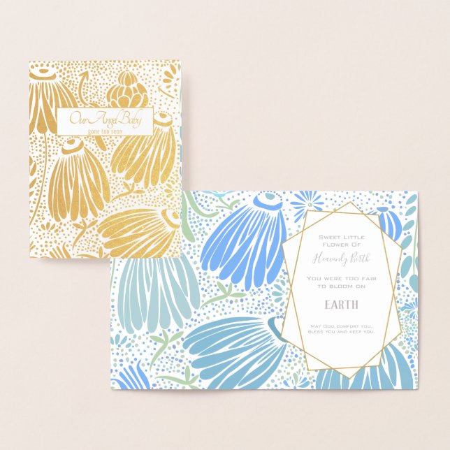 Carte Dorée Sympathie florale bleue verte mort d'enfant (Affichage)