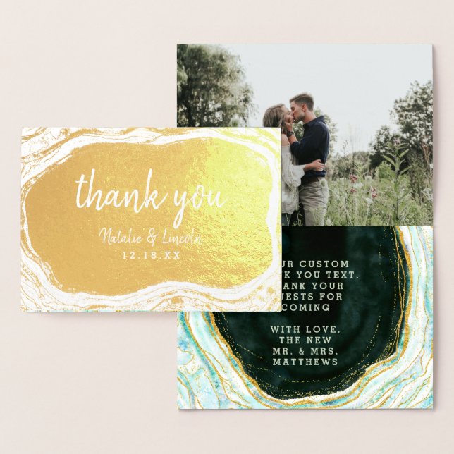 Carte Dorée Turquoise Vert & Or Agate Merci Mariage Photo (Affichage)