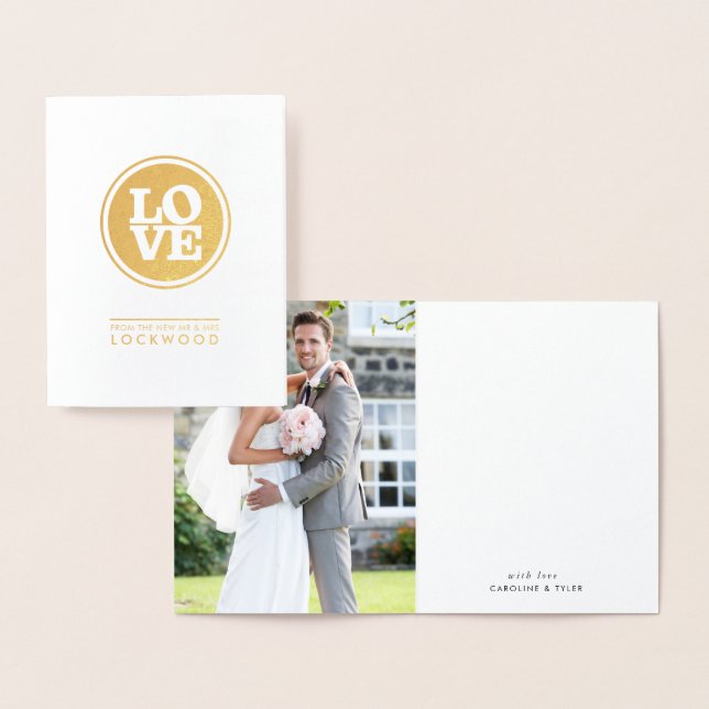 Carte Dorée Un couple de MERCI mariage tout juste un amour (Affichage)