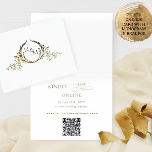 Carte Dorée Véritable Foil Elegant Monogramme Code QR RSVP Onl